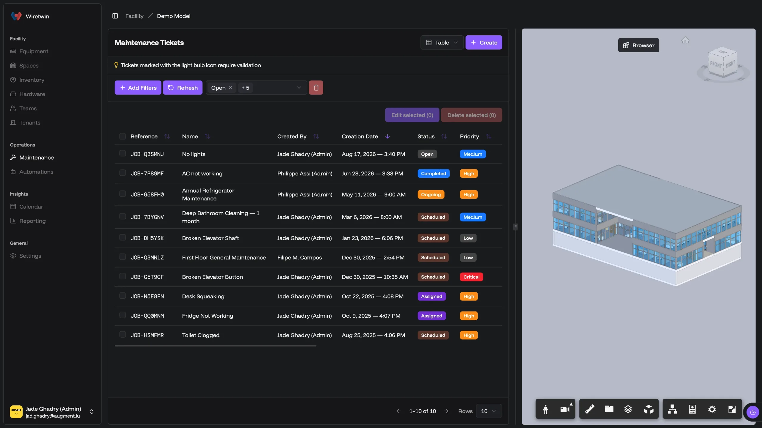 La plateforme Wiretwin, montrant les équipements d’un bâtiment, ses espaces et les relevés de ses capteurs en direct